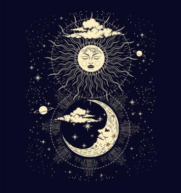 Astroloji için sihirli bayrak, gök simya. Zodyak için ilahi sanat, tarot, evrenin aygıtı, yüzü olan hilal ay, bulutlar, siyah arka planda güneşli güneş. Esrarengiz vektör