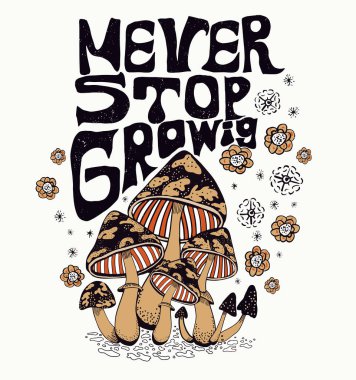 Motivasyon kelimeleriyle arka planın vektör illüstrasyonu büyümeyi ve mantar mantarlarını asla bırakmaz.