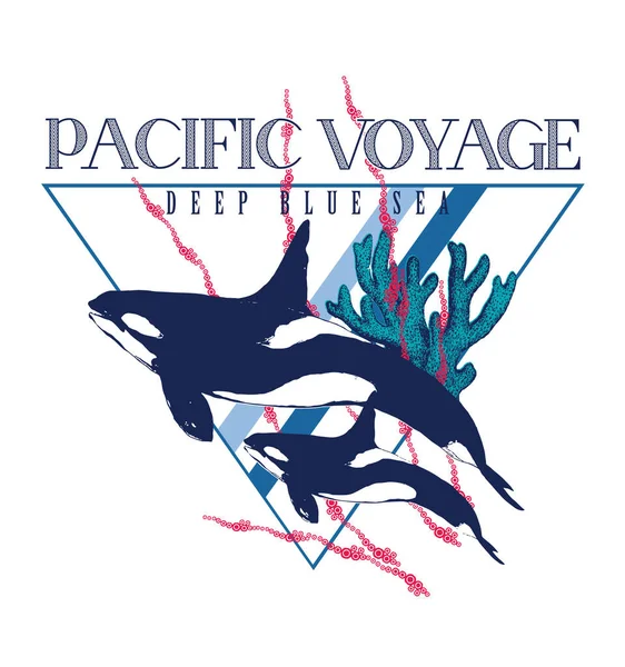 Pazifikreise Mit Schwertwalen Den Wellen Vektor Shirt Print Design — Stockvektor