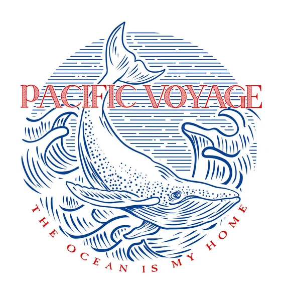 Pazifik Reise Hintergrund Mit Walen Den Wellen Vektor Shirt Print — Stockvektor