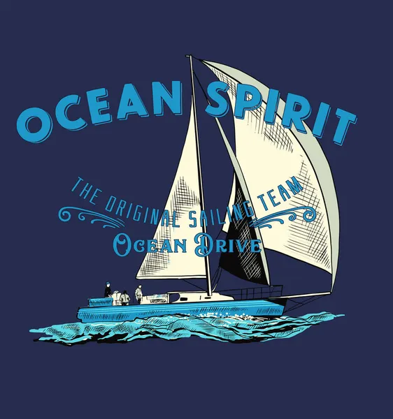 Illustration Dessinée Main Voilier Vecteur Pour Design Shirt Avec Yacht — Image vectorielle