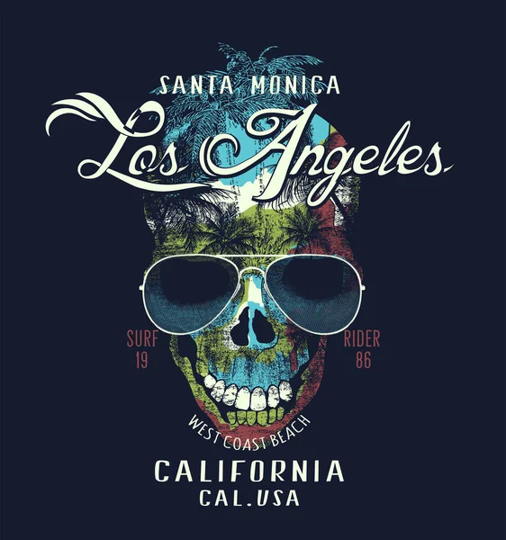 洛杉矶排版 西岸T恤衫设计的海滩打印 矢量图解 自行车服装图解 戴太阳镜头盖骨 背景为棕榈树的Tee打印 — 图库矢量图片