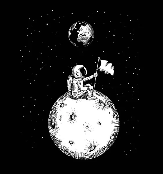 Vektorillustration Eines Astronauten Der Auf Dem Mond Sitzt Und Hintergrund — Stockvektor
