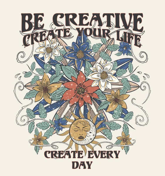 Buď Kreativní Tvoř Život Tvoř Každý Den Retro Groovy Slogan — Stockový vektor