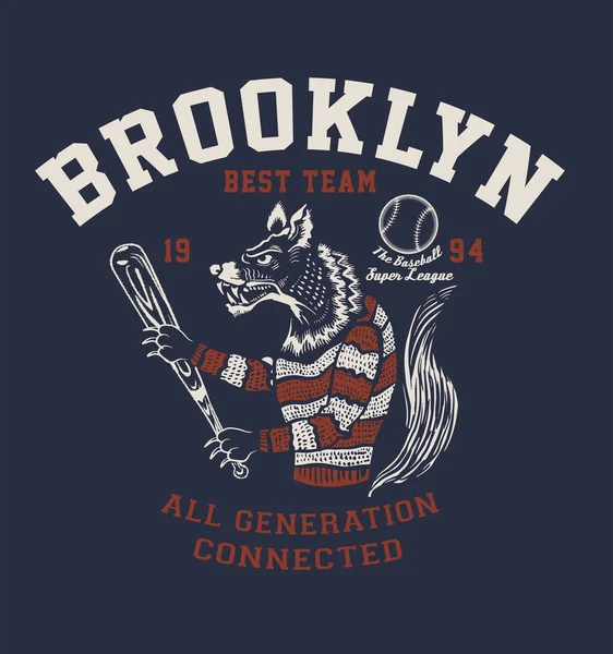 布鲁克林排字 T恤衫设计运动衫 矢量图解 运动服图解 带条纹套头衫狼牵着棒球棒的Tee图解 — 图库矢量图片