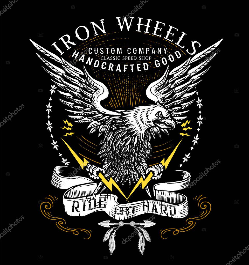Hand-drawn American eagle with lightning, t-shirt, emblem design with extreme motorcycling sport, bikers or rock concept