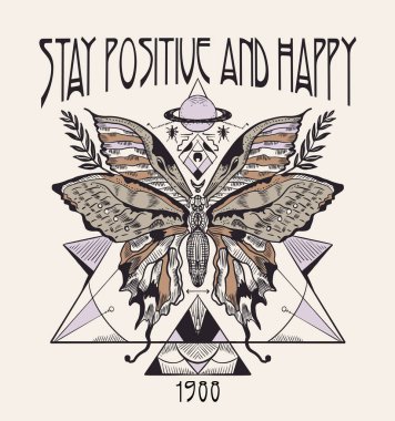 Olumlu ve mutlu kal. Siyah ve beyaz güvelerin vektör çizimi, çiçekler, dallar, beyaz arka planda izole edilmiş. Gizemli okült semboller ve böcekler. Dövme için el çizimi resim, boyama kitabı.