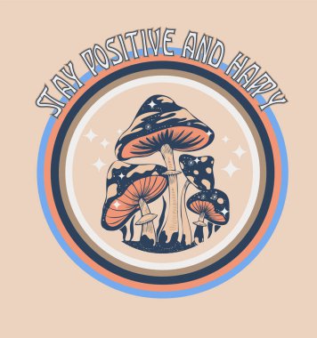 Retro 70 'in psikedelik hippi mantar illüstrasyon baskısı. Erkek ya da kadın grafik tişörtü ya da çıkartma posteri için harika bir slogan. Vektör
