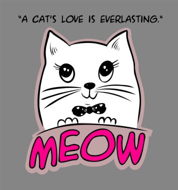 El çizimi kedi miyavlama harflerine bakıyor. Sevimli çizgi film karakteri. Kawaii hayvanı. Tebrik kartı. Düz tasarım tarzı. Beyaz arka plan. İzole edilmiş. Vektör