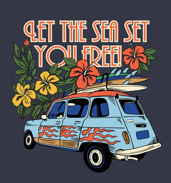 让大海让你自由海报 卡片或T恤衫设计的暑假插图 — 图库矢量图片