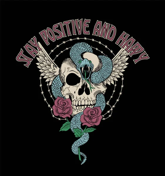 Restez Positif Heureux Crâne Serpent Aux Roses — Image vectorielle
