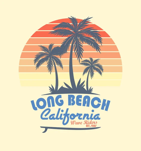 加州的冲浪选手长滩日落和棕榈树 — 图库矢量图片