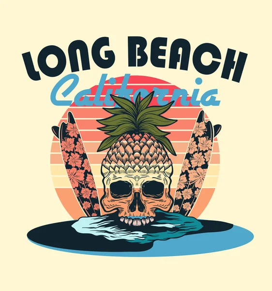 ロングビーチ カリフォルニアだ パイナップル頭蓋骨 Print — ストックベクタ