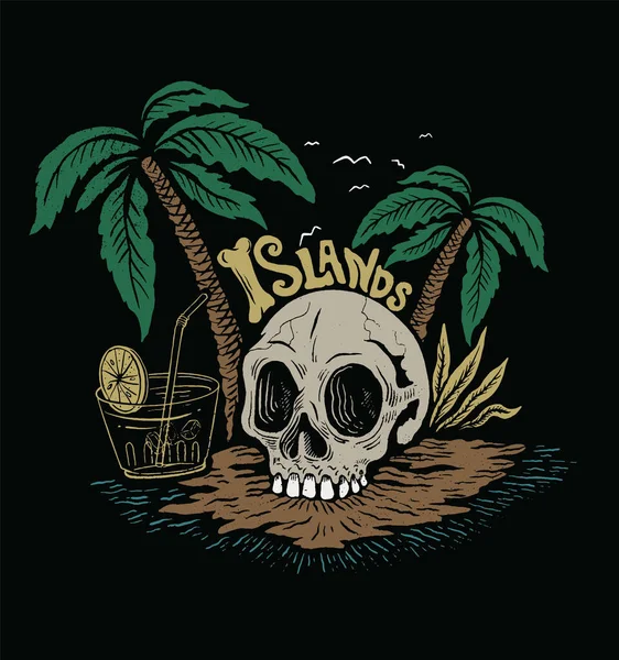 Totenkopf Unter Palmen Insel Und Cocktail Tropischer Totenkopf Shirt Illustration — Stockvektor