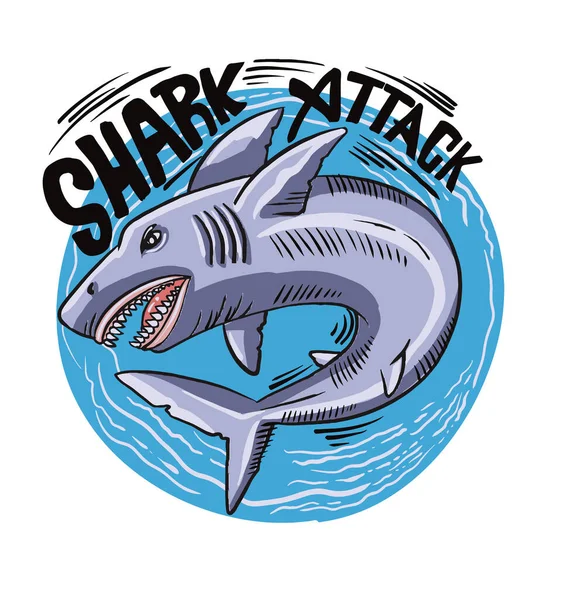 サメの攻撃だ Tシャツ テキスタイル ファブリック カード ウェア ケース電話 ポスター用の漫画のサメで印刷 — ストックベクタ