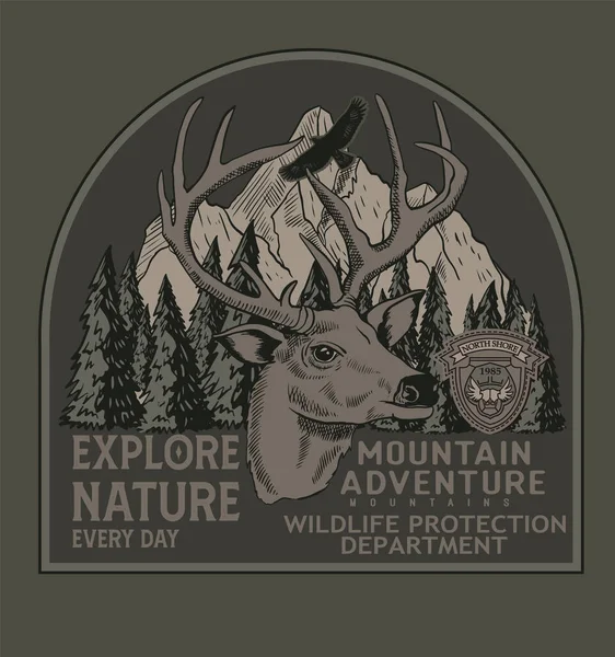 野生の鹿 ヴィンテージイラストタイポグラフィTシャツ Print — ストックベクタ