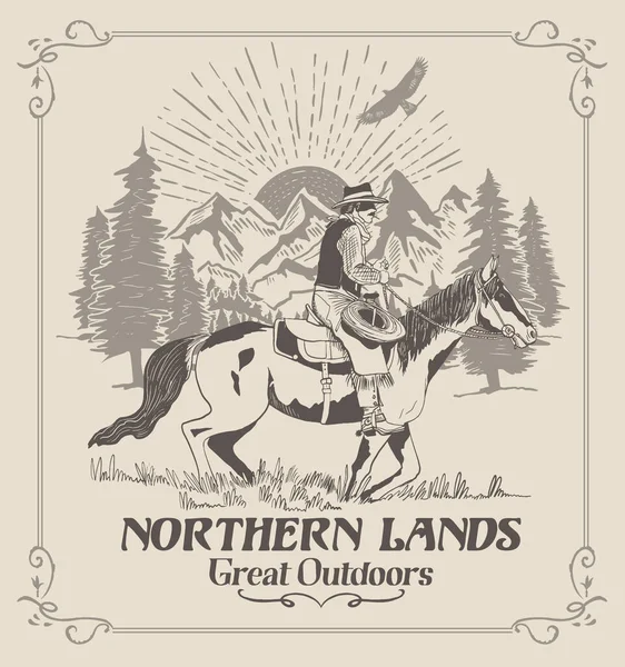 Northern Lands Northern Cowboy Wandering Outdoors — Stock Vector