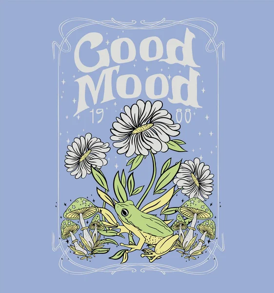 积极的口号 心情很好有青蛙和花朵的T恤衫图案 — 图库矢量图片