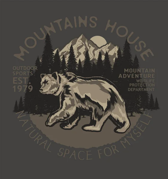 マウンテンハウス クマのシルエットの中に鳥の森や山の風景を飛んで国立公園のカラフルなコンセプトベクトルイラスト — ストックベクタ