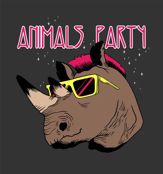 動物パーティーだ パーティー用眼鏡をかけたRhinoのイラスト — ストックベクタ