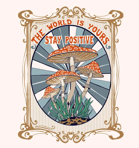 Retro Psychedelic Hippie Mushroom Illustration Print Groovy Slogan Man Woman — Archivo Imágenes Vectoriales