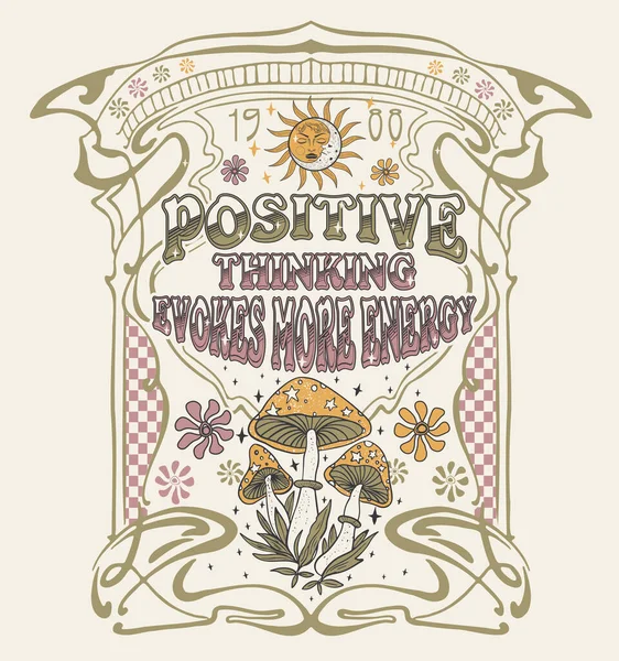 Pensée Positive Évoque Énergie Retro Années Psychédélique Hippie Champignon Illustration — Image vectorielle