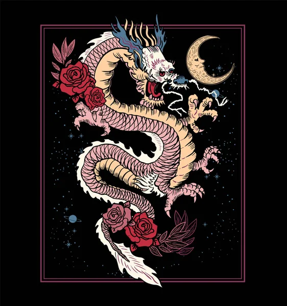 Dragón Japonés Con Diseño Vector Flor Rosa Roja Sobre Fondo — Vector de stock