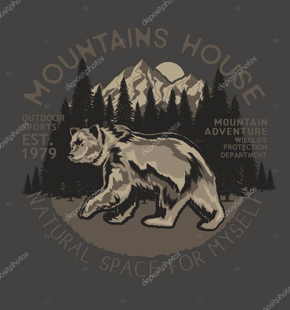 Mountains house. National park colorful concept with flying bird forest and mountains landscape inside bear silhouette isolated vector illustration