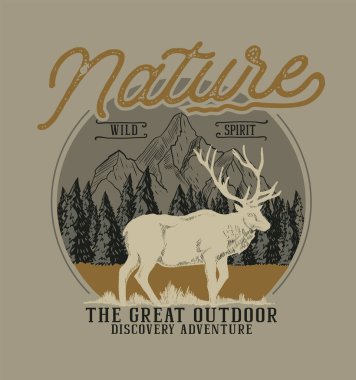 Geyik ve vektör illüstrasyonlu doğa tarzı vintage pankart