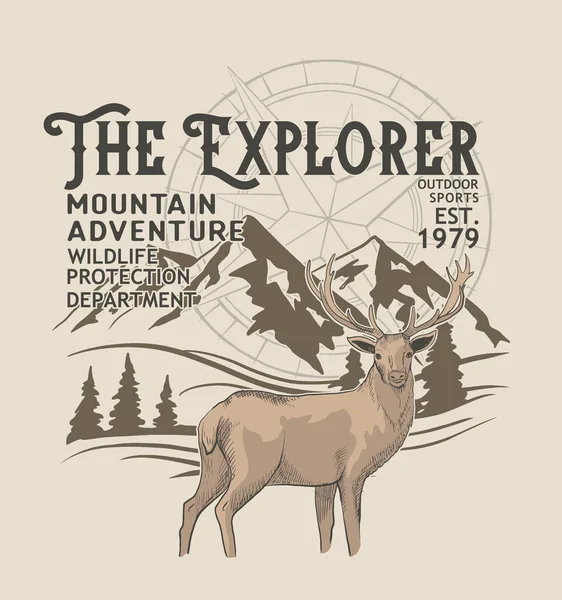 Explorer Bergaya Banner Vintage Dengan Rusa Vektor Ilustrasi - Stok Vektor