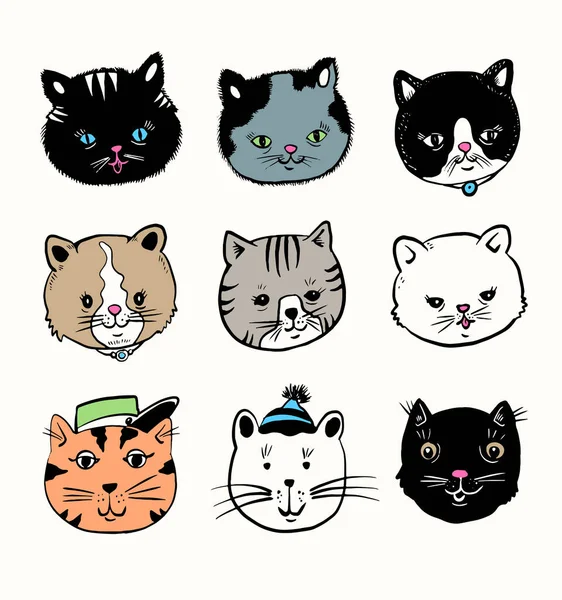 Set Cat Faces Stylish Vintage Banner Vector Illustration — ストックベクタ