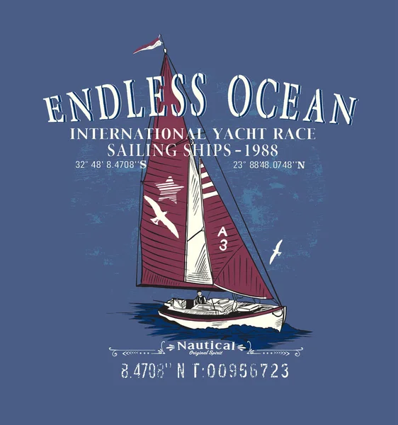Vector Illustration Boat Inscription Endless Ocean — Vettoriale Stock