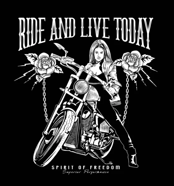 Vintage Poster Girl Motorcycle Logo Ride Live Today — Vettoriale Stock