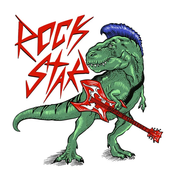 Vector Illustration Rock Star Dinosaur Guitar — ストックベクタ