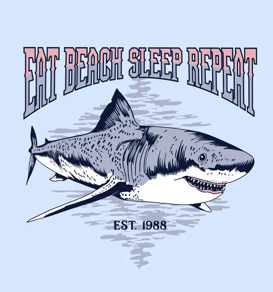 Logo Žraloka Vektorová Ilustrace Jíst Pláž Spát Opakovat — Stockový vektor