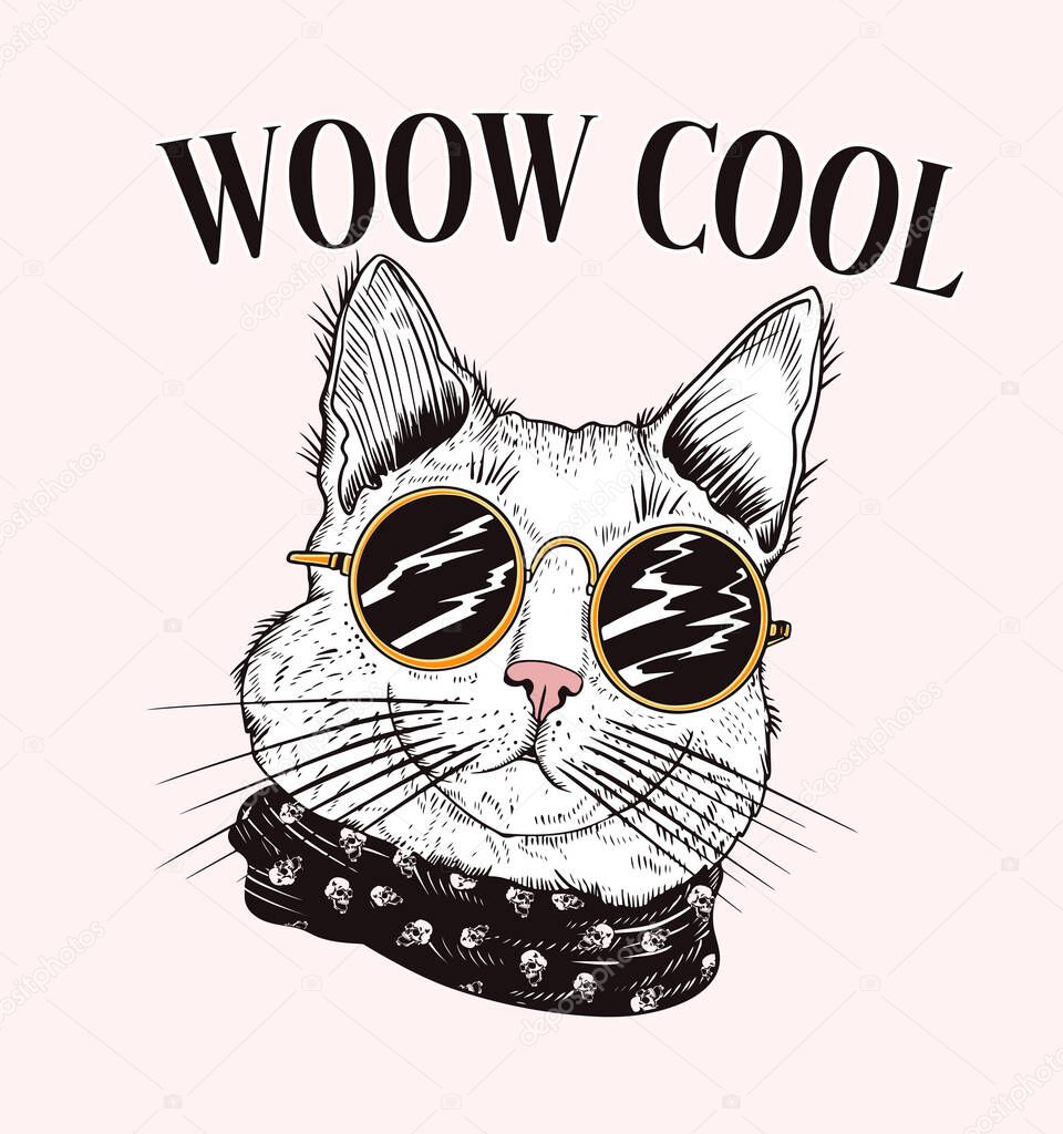 Cat with glasses logo. vector illustration. woow cool