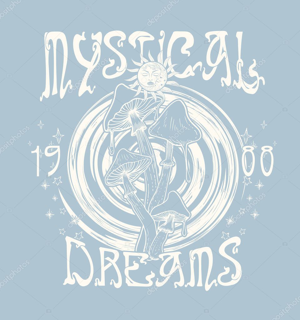 Vector illustration of logo with mushrooms, mystical dreams