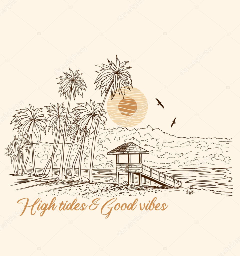 Hand drawn sketch of a beach with palm treess. vector illustration