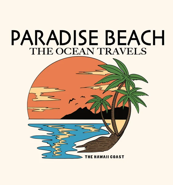パラダイスビーチ 海は旅 ヤシの木と波のベクトルイラスト Tシャツのプリントやその他の用途で — ストックベクタ