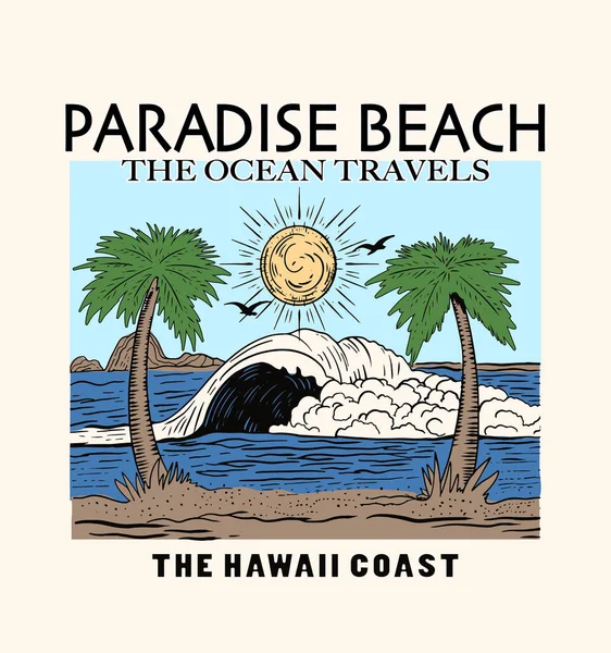 Paradise Beach Oceano Travels Palm Onde Vettoriali Illustrazioni Stampe Shirt — Vettoriale Stock