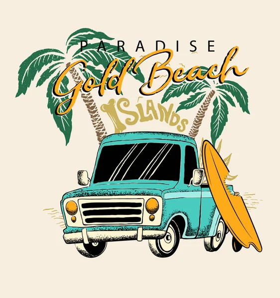 Gold Beach Vector Surf Car Palm Tree Illustration — Archivo Imágenes Vectoriales