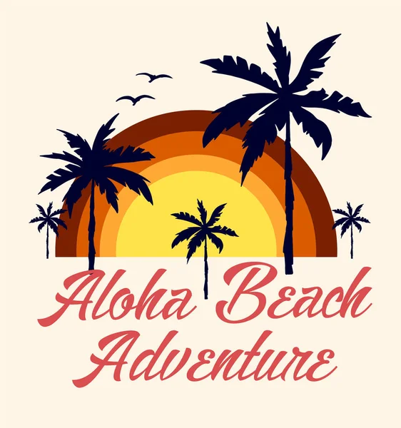 Strand Von Aloha Abenteuer Sommerurlaub Tropischen Strand Sonnenuntergang Mit Palmen — Stockvektor