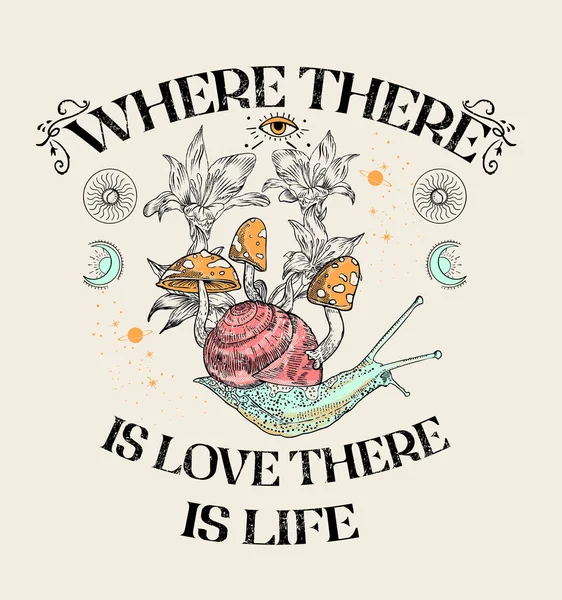 Positive Slogan Love Life Snails Mushrooms Tropical Flowers Vector Illustration — Archivo Imágenes Vectoriales