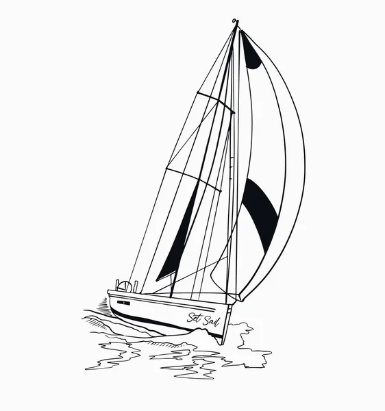 Sailing Boat Sailboat Sail Yacht Ship Sea Waves Vector Illustration - Stok Vektor