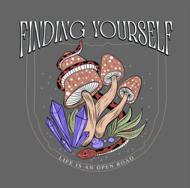 Yılan ve sihirli mantarlar. Mistik tişört baskısı tasarımı, kendini bulmak..