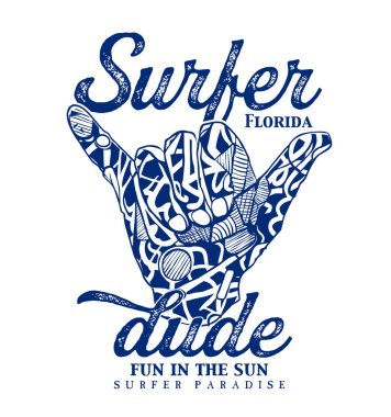 Plaj manzaralı vektör sörf rozeti. Tişört izleri ve diğer kullanım alanları için.