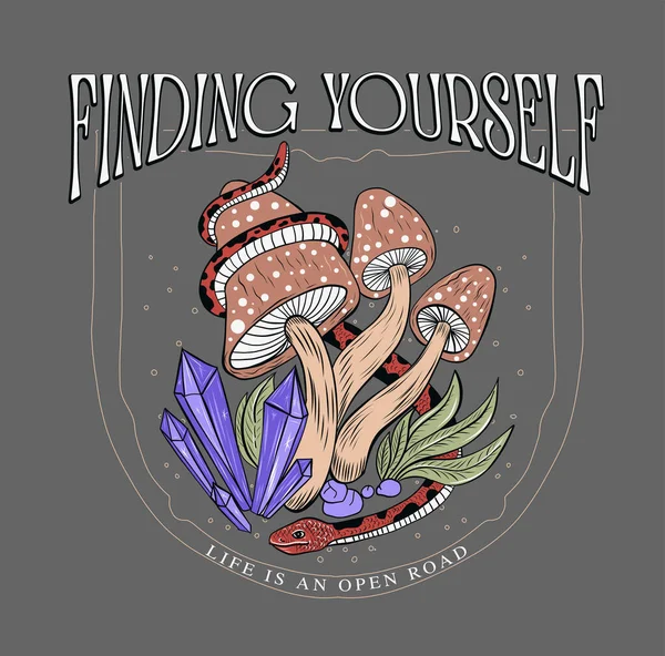 Yılan ve sihirli mantarlar. Mistik tişört baskısı tasarımı, kendini bulmak..