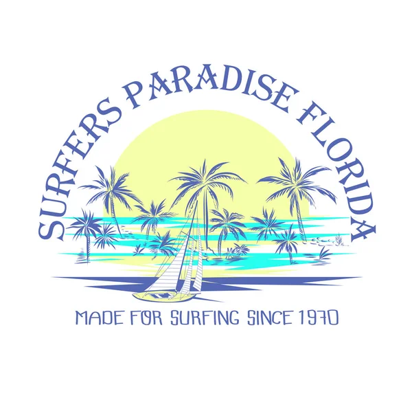 ヤシの木や帆船のグラフィック作品 フロリダ州のサーファーの楽園 — ストックベクタ