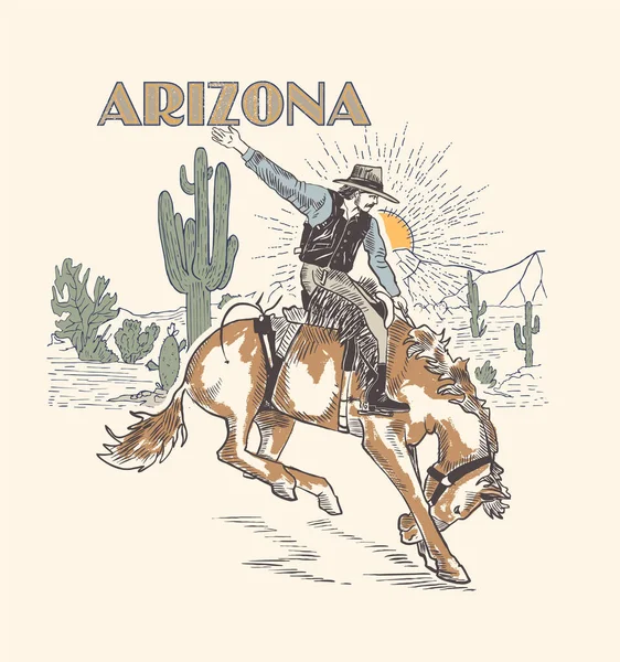 Arizona Rodeo Cowboy Riding Wild Horse Wooden Sign Vector — Stock Vector