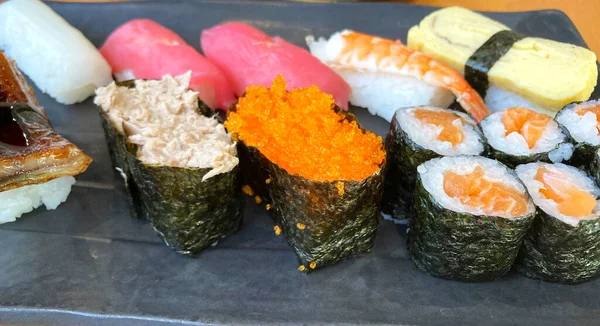 Assorted Sushi Nigiri Maki Big Set Slate Variety Japanese Sushi — Fotografia de Stock